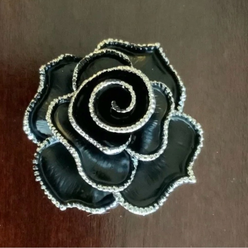 Camellia Flower Brooch Black Enamel